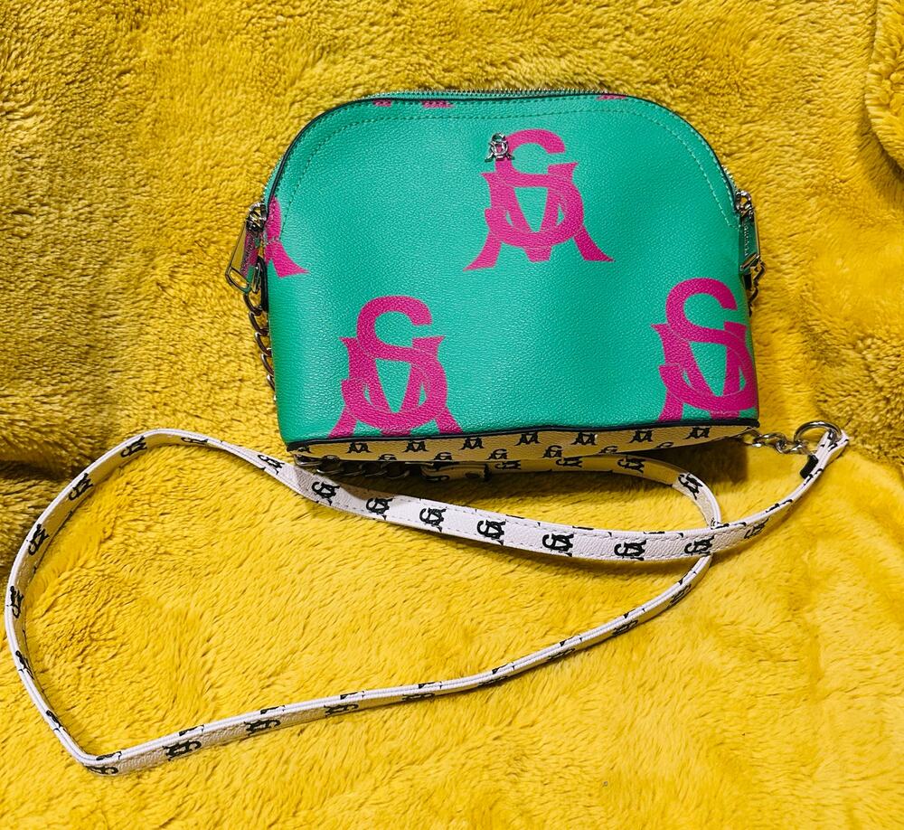 Steve Madden crossbody bag w/ "SM" logo pattern Green/Pink/White/Black designer